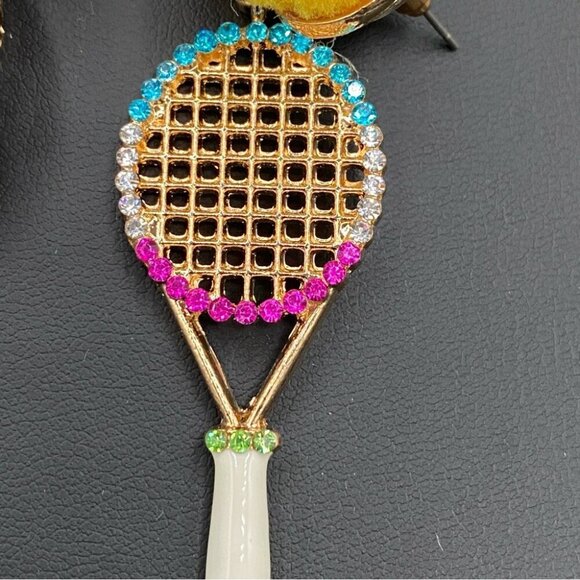 Cute Tennis Racket Statement Earrings with PomPom and Rhinestones - Picture 2 of 8